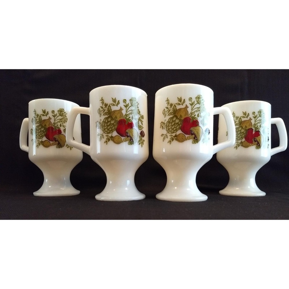 Vintage Corning Spice of Life Milk Glass Mugs Pedestal Coffee Cups Set of 4